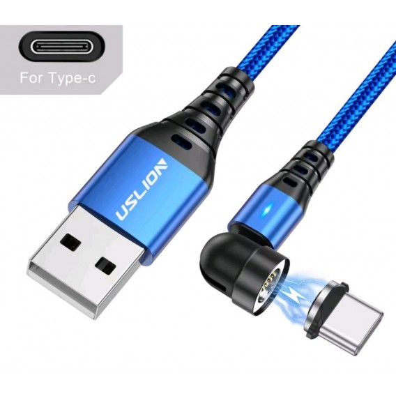 Магнітний кабель USLION Type-c - USB / 2 в 1 (Швидка зарядка 5A) / Круглий, 30 см / Синій