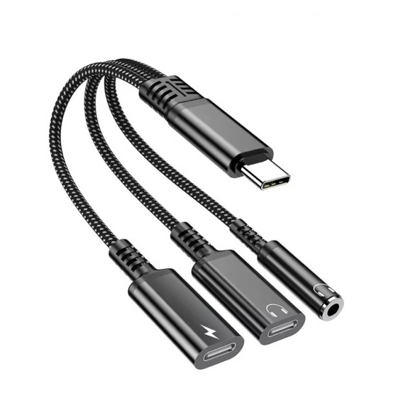 Перехідник 60W 3в1 для Samsung S25, S25+, S25Ultra \ Type-c - AUX 3.5, Type-c ( зарядка), AUX Type-c \ Чорний