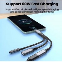 Переходник 60W 3в1 для Samsung S25, S25+, S25Ultra\ Type-c - AUX 3.5,Type-c( зарядка), AUX Type-c\Черный-Серый