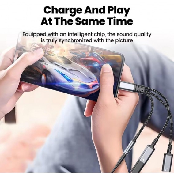 Перехідник 60W 3в1 для Samsung S25, S25+, S25Ultra \ Type-c - AUX 3.5, Type-c ( зарядка), AUX Type-c \ Чорний-Сірий