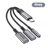 Адаптер USB Type-C - 2 × USB Type-C и Jack 3,5 мм, серый