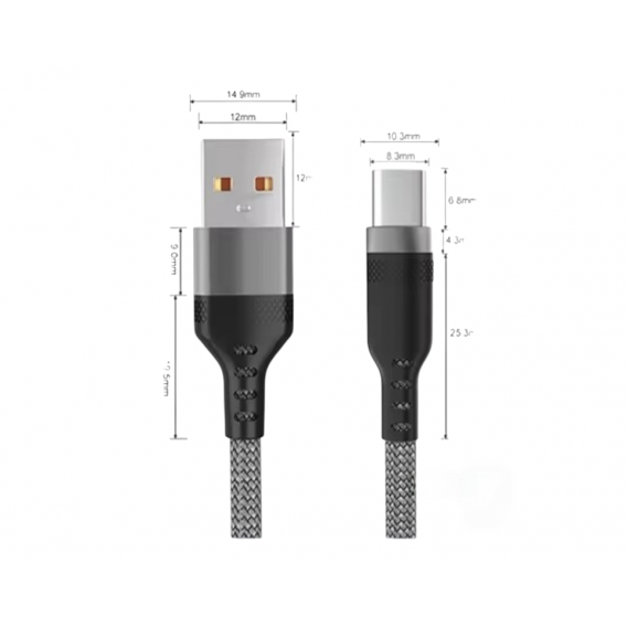 Нейлоновий кабель USB - Type-c для швидкої зарядки смартфонів \ 10 метрів \ Сірий Нейлоновий кабель USB - Type-c для швидкої зарядки смартфонів \ 10 метрів \ Сірий