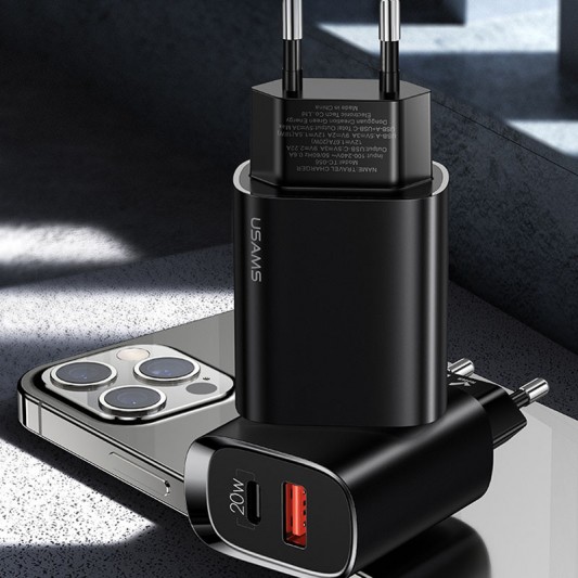 СЗУ Usams US-CC121 T35 QC3.0 + PD3.0 20W (1USB-A/1C) Черный - изображение 1