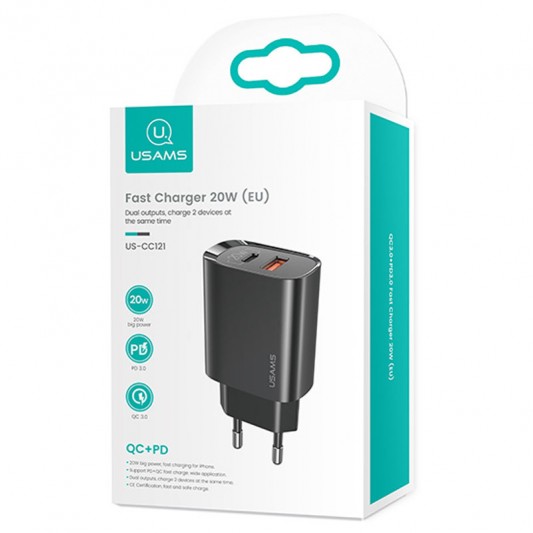 СЗУ Usams US-CC121 T35 QC3.0 + PD3.0 20W (1USB-A/1C) Черный - изображение 5