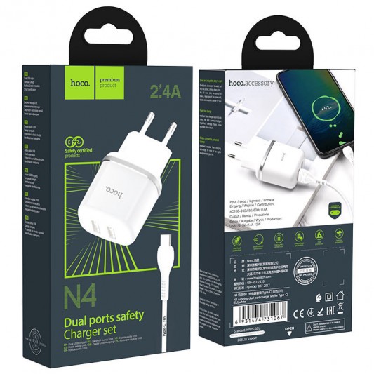 Комплект зарядки для телефона Hoco N4 (2USB/2.4A) + Type-C (Белый) - изображение 4