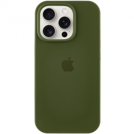 Зеленый чехол для Айфон 14 Про модель Silicone Case Full Protective (AA) в темно-оливковом оттенке.