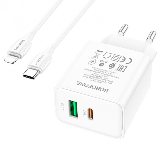СЗУ Borofone BA67A PD20W+QC3.0 (1USB-A/1C) + кабель Type-C to Lightning Белый - изображение 2
