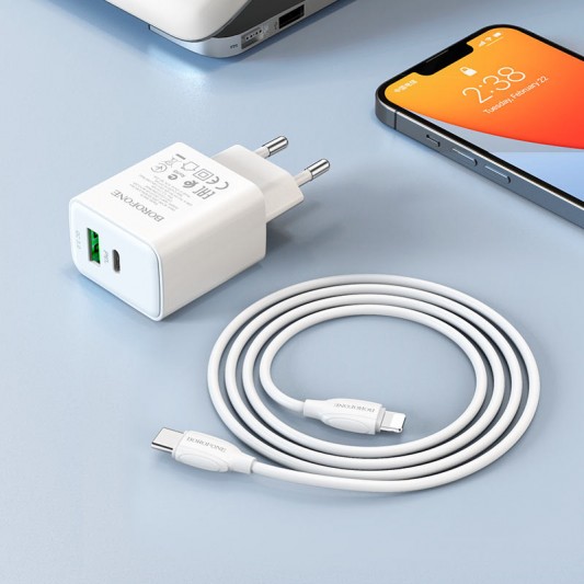 СЗУ Borofone BA67A PD20W+QC3.0 (1USB-A/1C) + кабель Type-C to Lightning Белый - изображение 4