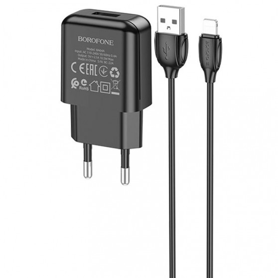 Зарядний пристрій для телефона - Borofone BA64A Single port + Lightning Чорний