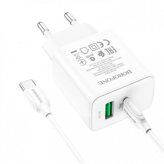 СЗУ Borofone BA67A PD20W+QC3.0 (1USB-A/1C) + кабель Type-C to Type-C Белый - изображение 1