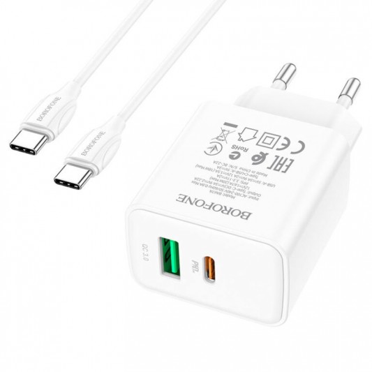 СЗУ Borofone BA67A PD20W+QC3.0 (1USB-A/1C) + кабель Type-C to Type-C Белый - изображение 2