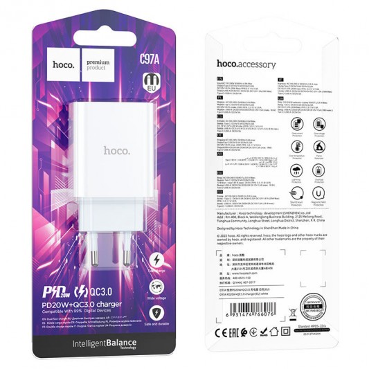 СЗУ Hoco C97A PD20W+QC3.0 (1USB-A/1C) Белый - изображение 5