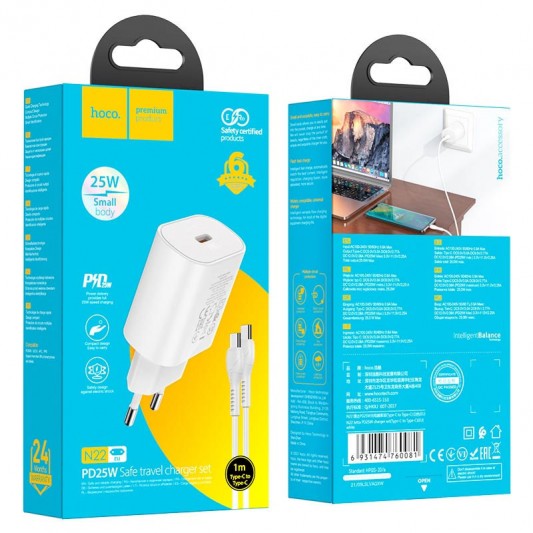 СЗУ Hoco N22 Jetta PD25W (1USB-C) + кабель Type-C to Type-C Белый - изображение 5