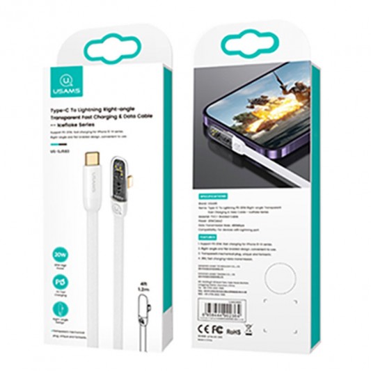 Дата кабель USAMS US-SJ583 Type-C to Lightning PD 20W Right-angle (1.2m) White - изображение 2