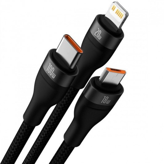 Универсальный дата кабель Baseus Flash Series 2 USB to MicroUSB-Lightning-Type-C 66W (1.2m) (CASS04000), Black - изображение 1
