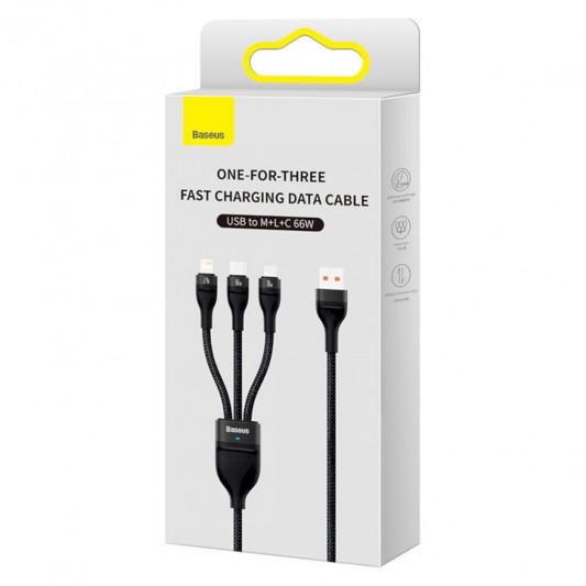 Универсальный дата кабель Baseus Flash Series 2 USB to MicroUSB-Lightning-Type-C 66W (1.2m) (CASS04000), Black - изображение 5