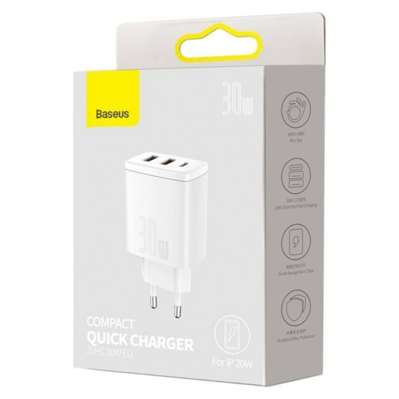 Зарядное устройство Baseus Compact Quick Charger 30W QC+ PD (1Type-C + 2USB) (CCXJ-E), Белый