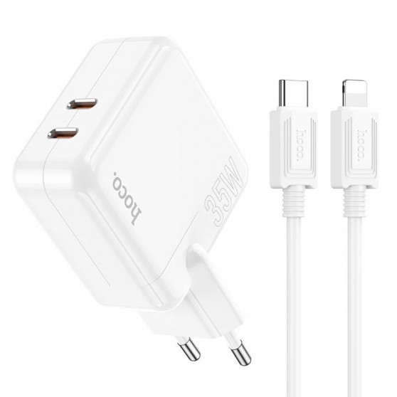 Зарядное устройство Hoco C110A PD 35W+QC3.0 (2 Type-C) + Type-C to Lightning, White