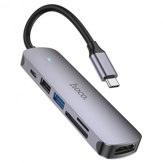 Переходник Hoco HB28 Multi-function 6in1 (Type-C to HDTV+USB3.0+USB2.0+SD+TF+PD), Metal gray - изображение 1