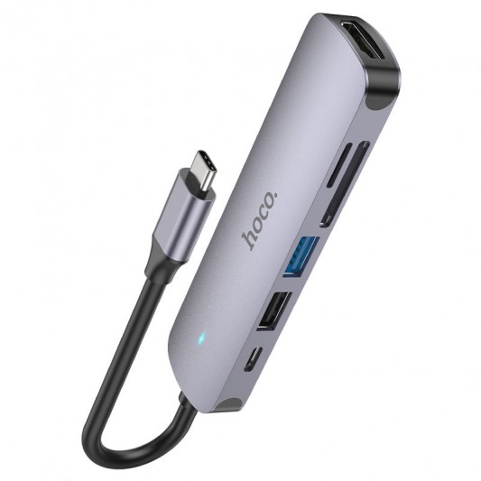 Переходник Hoco HB28 Multi-function 6in1 (Type-C to HDTV+USB3.0+USB2.0+SD+TF+PD), Metal gray - изображение 2