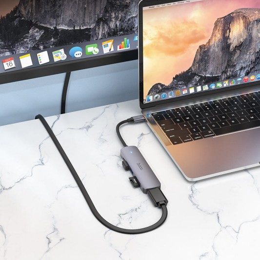 Переходник Hoco HB28 Multi-function 6in1 (Type-C to HDTV+USB3.0+USB2.0+SD+TF+PD), Metal gray - изображение 3
