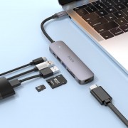Переходник Hoco HB28 Multi-function 6in1 (Type-C to HDTV+USB3.0+USB2.0+SD+TF+PD), Metal gray