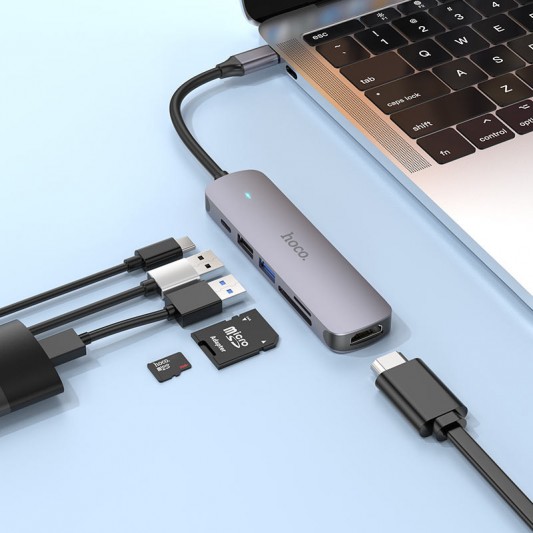 Переходник Hoco HB28 Multi-function 6in1 (Type-C to HDTV+USB3.0+USB2.0+SD+TF+PD), Metal gray - изображение 4