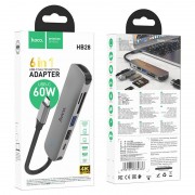Переходник Hoco HB28 Multi-function 6in1 (Type-C to HDTV+USB3.0+USB2.0+SD+TF+PD), Metal gray