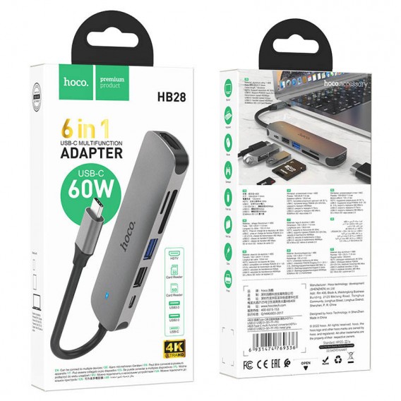Перехідник Hoco HB28 Multi-function 6in1 (Type-C to HDTV+USB3.0+USB2.0+SD+TF+PD), Metal gray