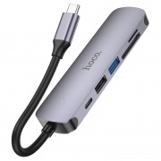 Переходник Hoco HB28 Multi-function 6in1 (Type-C to HDTV+USB3.0+USB2.0+SD+TF+PD), Metal gray