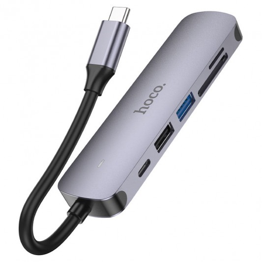 Переходник Hoco HB28 Multi-function 6in1 (Type-C to HDTV+USB3.0+USB2.0+SD+TF+PD), Metal gray - изображение 6