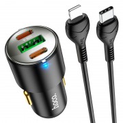 Автомобильное зарядное устройство Hoco NZ6 PD45W (2Type-C/1USB) + Type-C to Lightning, Black