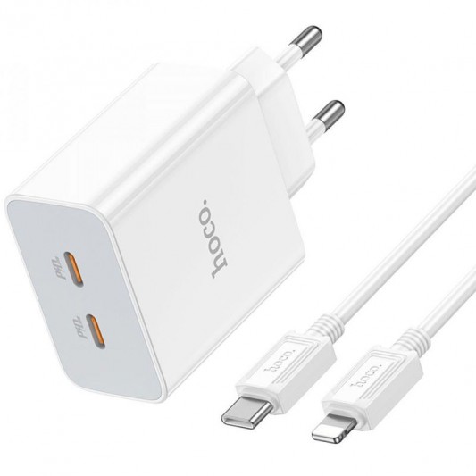 СЗУ Hoco C108A PD 35W (2USB-C) + кабель Type-C to Lightning White - изображение 1