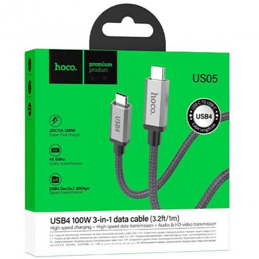 Дата кабель Hoco US05 Type-C to Type-C 100W USB4 40Gbps (1m) Black - зображення 4 