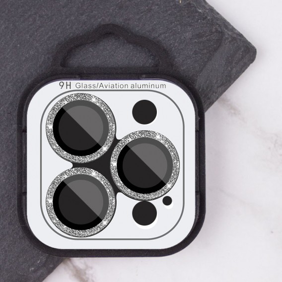 Защитное стекло Metal Sparkles на камеру (в упак.) для Apple iPhone 15 Pro (6.1") /15 Pro Max (6.7"), Серебряный / Silver