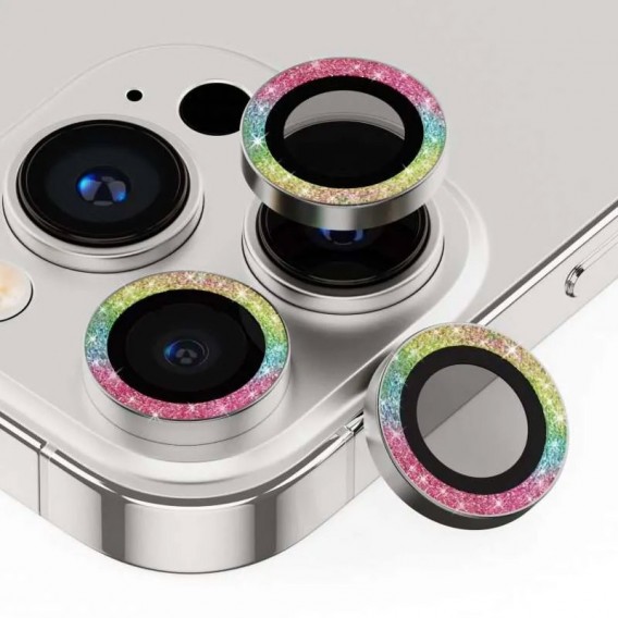 Защитное стекло Metal Sparkles на камеру (в упак.) для Apple iPhone 15 Pro (6.1") /15 Pro Max (6.7"), Сиреневый / Rainbow