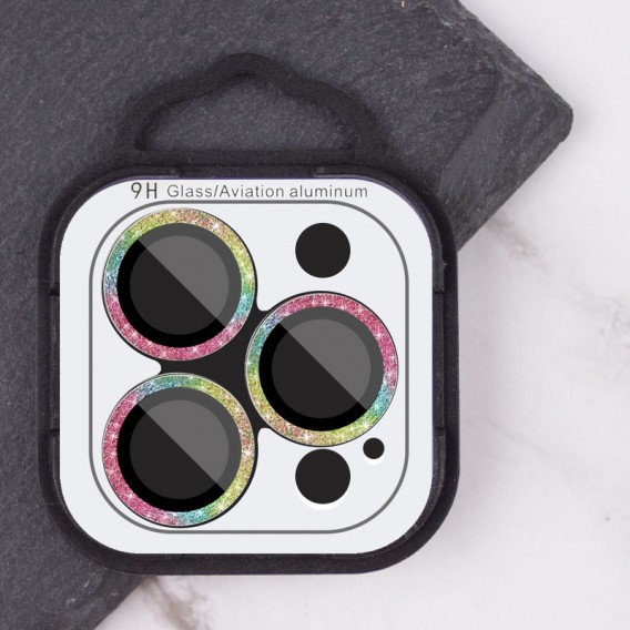 Защитное стекло Metal Sparkles на камеру (в упак.) для Apple iPhone 15 Pro (6.1") /15 Pro Max (6.7"), Сиреневый / Rainbow