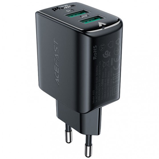 Зарядное устройство Acefast A33 QC18W (USB-A+USB-A) dual port, Black