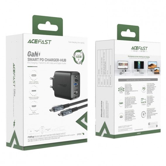 СЗУ Acefast A17 PD65W GaN (1USB-A/1C/1HDMI) + кабель Type-C to Type-C Black