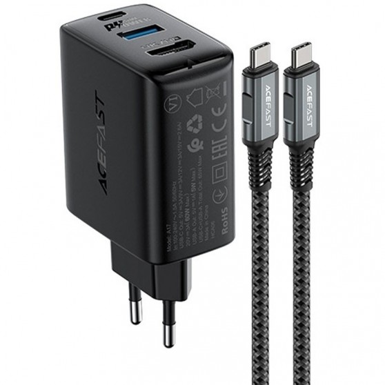 СЗУ Acefast A17 PD65W GaN (1USB-A/1C/1HDMI) + кабель Type-C to Type-C Black