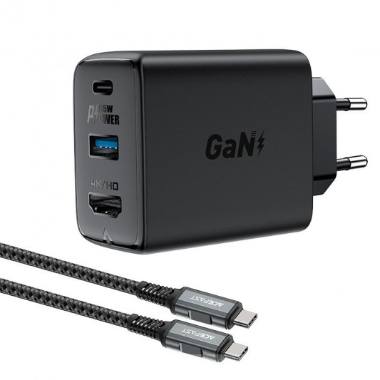 СЗУ Acefast A17 PD65W GaN (1USB-A/1C/1HDMI) + кабель Type-C to Type-C Black - изображение 1