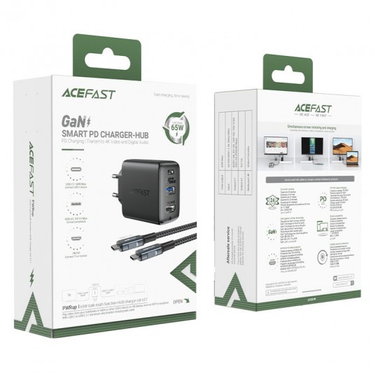 СЗУ Acefast A17 PD65W GaN (1USB-A/1C/1HDMI) + кабель Type-C to Type-C Black - изображение 4