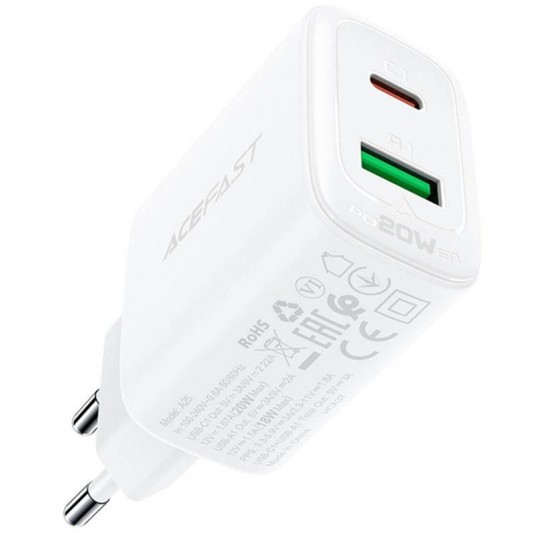 Зарядное устройство Acefast A25 PD20W (USB-C+USB-A) dual port, White - изображение 2