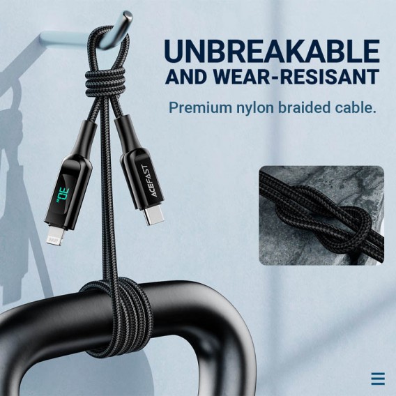 Шнур для Айфона Acefast MFI C6-01 USB-C to Lightning zinc alloy digital display braided (1m), Чорний
