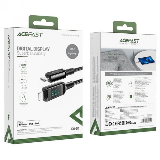 Дата кабель Acefast MFI C6-01 USB-C to Lightning zinc alloy digital display braided (1.2m) Black - зображення 5 