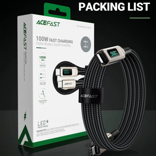 Дата кабель Acefast C6-03 USB-C to USB-C 100W zinc alloy digital display braided (2m) Silver - зображення 3 