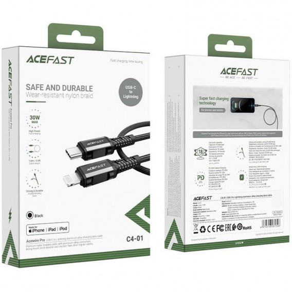 Шнур для Айфона Acefast MFI C4-01 USB-C to Lightning aluminum alloy (1.8m), Black