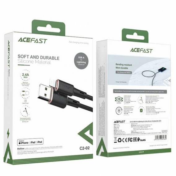 Шнур для Айфона Acefast MFI C2-02 USB-A to Lightning zinc alloy silicone (1m), Чорний