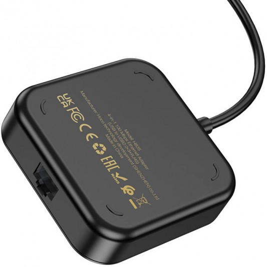 Переходник HUB Hoco HB35 Easy link 4-in-1 Gigabit Ethernet Adapter (USB to USB3.0*3+RJ45) (L=0.2M), Черный - изображение 2