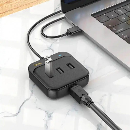 Переходник HUB Hoco HB35 Easy link 4-in-1 Gigabit Ethernet Adapter (USB to USB3.0*3+RJ45) (L=0.2M), Черный - изображение 3